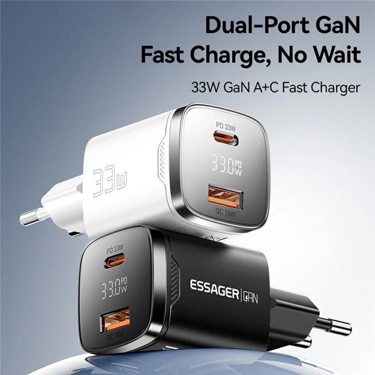 ESSAGER 33W Fast Charging Digital Display USB A + Type C Dual Port GaN Travel Charger - EU Plug / White - Image 3