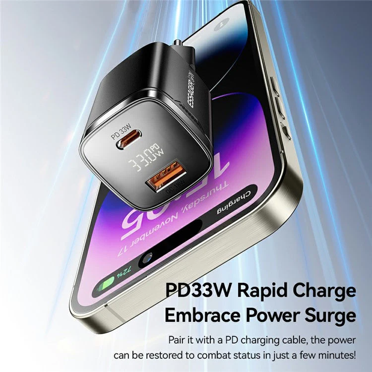 ESSAGER 33W Fast Charging Digital Display USB A + Type C Dual Port GaN Travel Charger - EU Plug / White - Image 4