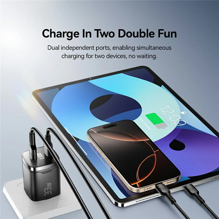 ESSAGER 33W Fast Charging Digital Display USB A + Type C Dual Port GaN Travel Charger - EU Plug / White - Image 7