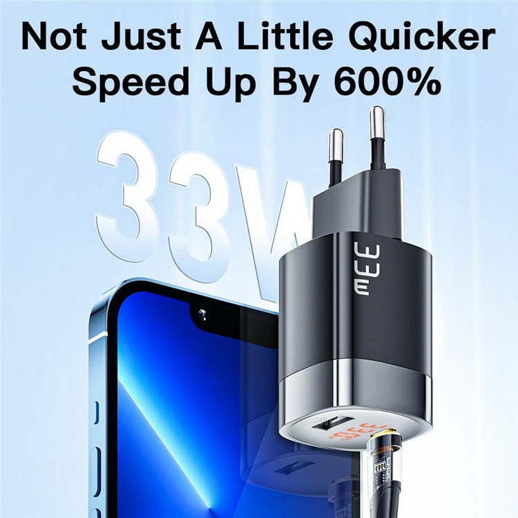 ESSAGER 33W Fast Charging GaN Power Adapter USB-A + Type-C Dual Port Charger with Digital Display - EU Plug / Black - Image 3