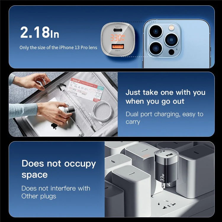 ESSAGER 33W Fast Charging GaN Power Adapter USB-A + Type-C Dual Port Charger with Digital Display - US Plug / White - Image 5