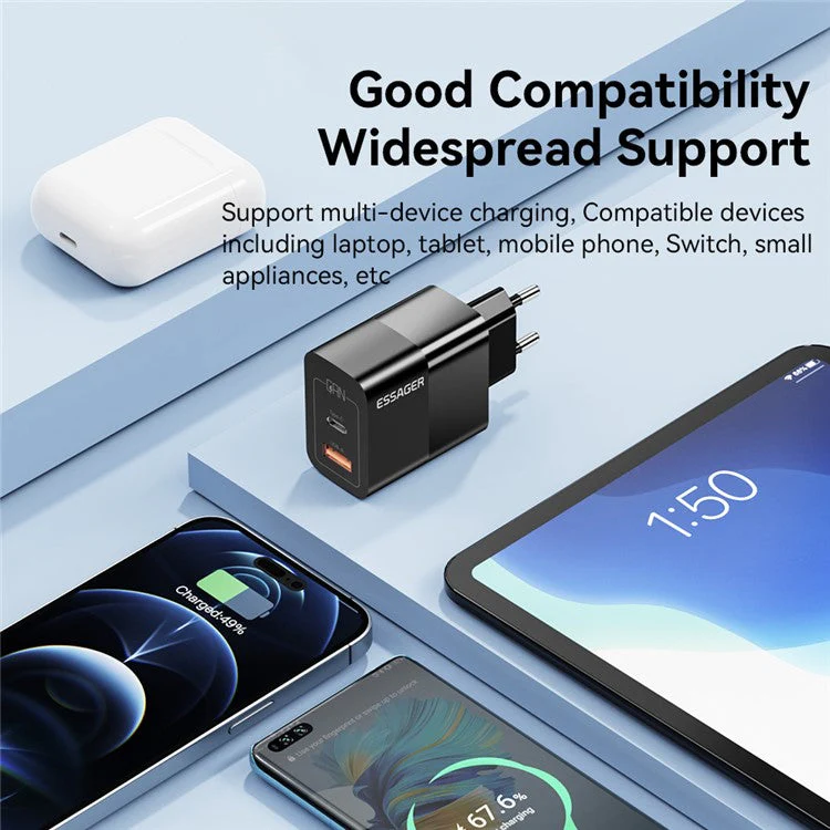 ESSAGER 33W USB-A + Type-C Fast Charging Adapter GaN Dual Port Wall Charger - EU Plug / Black - Image 4