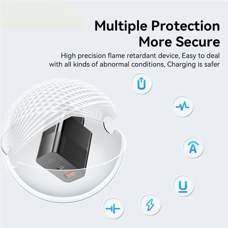 ESSAGER 33W USB-A + Type-C Fast Charging Adapter GaN Dual Port Wall Charger - EU Plug / Black - Image 5