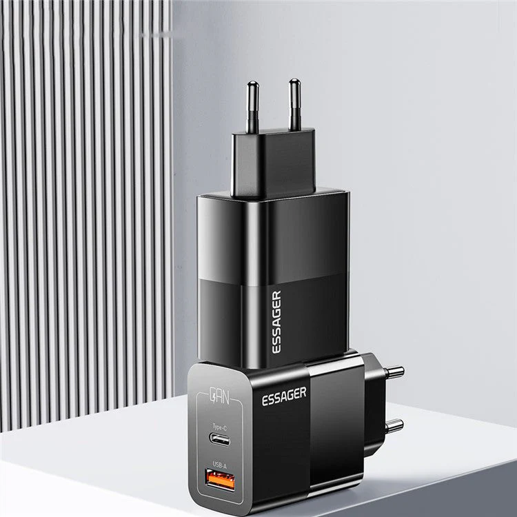ESSAGER 33W USB-A + Type-C Fast Charging Adapter GaN Dual Port Wall Charger - EU Plug / Black - Image 7