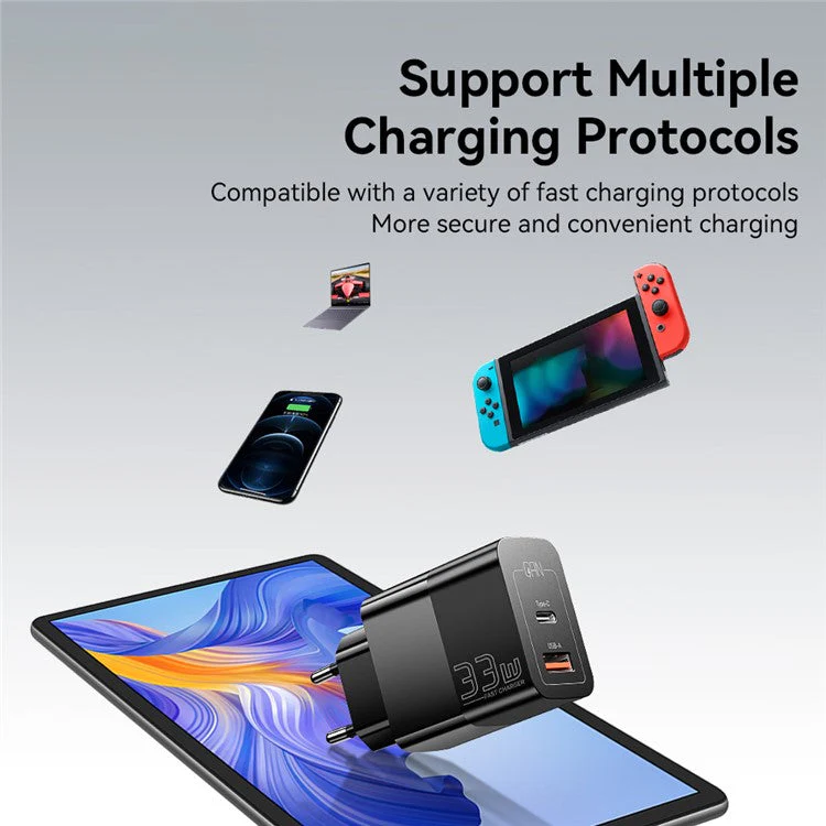 ESSAGER 33W USB-A + Type-C Fast Charging Adapter GaN Dual Port Wall Charger - EU Plug / Black - Image 8