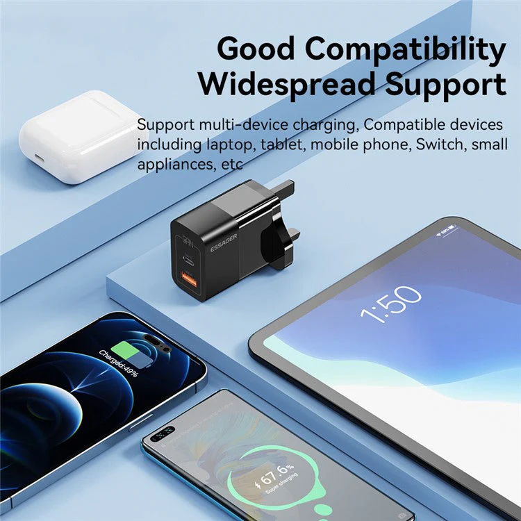 ESSAGER 33W USB-A + Type-C Fast Charging Adapter GaN Dual Port Wall Charger - UK Plug / White - Image 6