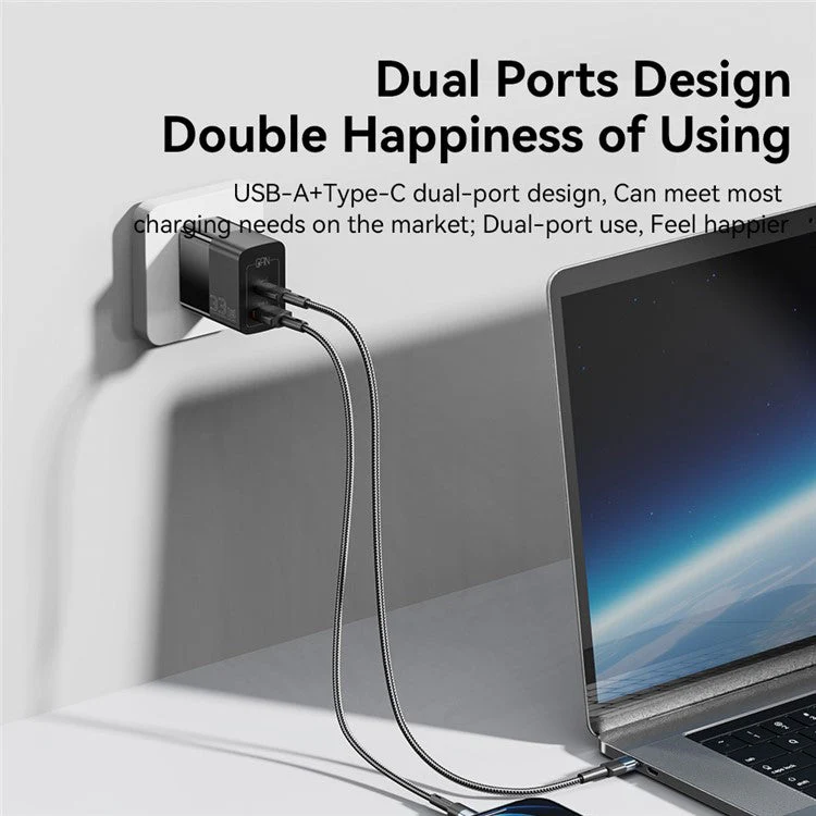 ESSAGER 33W USB-A + Type-C Fast Charging Adapter GaN Dual Port Wall Charger - US Plug / White - Image 3