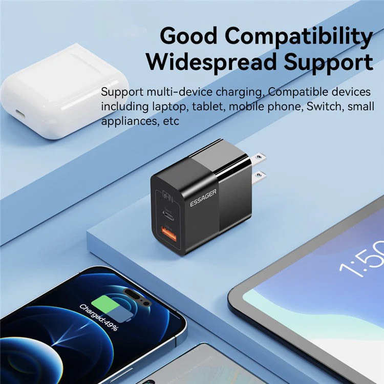 ESSAGER 33W USB-A + Type-C Fast Charging Adapter GaN Dual Port Wall Charger - US Plug / White - Image 6