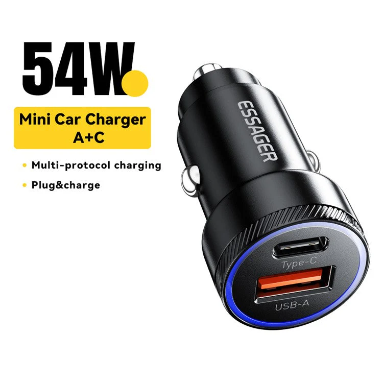 ESSAGER 54W USB+Type-C Phone Fast Charging Adapter ABS+Aluminum Alloy Mini Car Charger - Black - Image 2