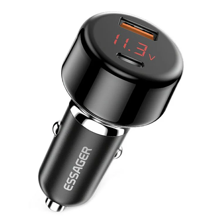 ESSAGER 65W Car Charger USB-A + Type-C Dual Port Car Charger Adapter with Digital Display Compatible with Huawei, Samsung, Xiaomi - Black