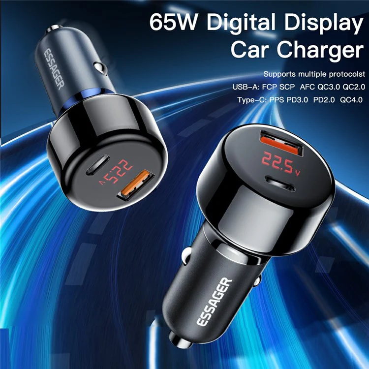 ESSAGER 65W Car Charger USB-A + Type-C Dual Port Car Charger Adapter with Digital Display Compatible with Huawei, Samsung, Xiaomi - Black - Image 2