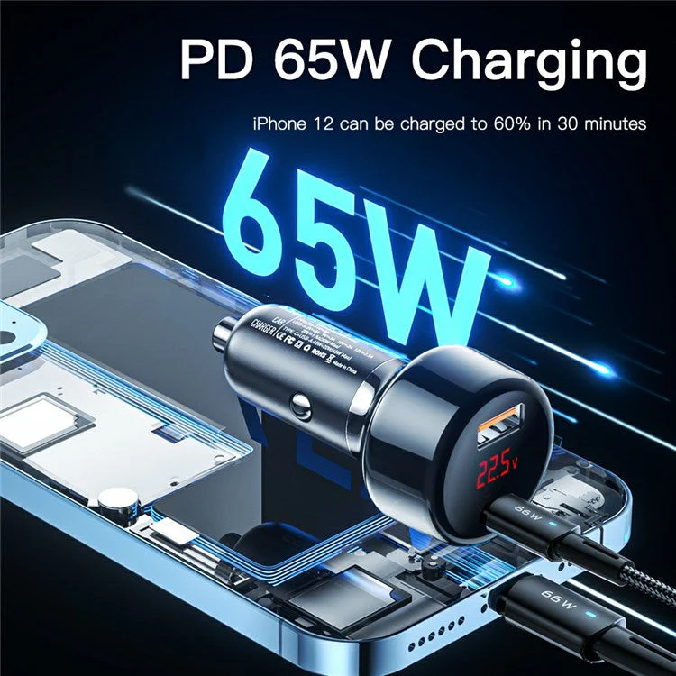 ESSAGER 65W Car Charger USB-A + Type-C Dual Port Car Charger Adapter with Digital Display Compatible with Huawei, Samsung, Xiaomi - Black - Image 3