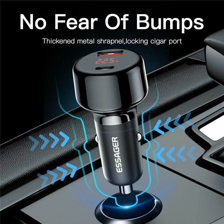ESSAGER 65W Car Charger USB-A + Type-C Dual Port Car Charger Adapter with Digital Display Compatible with Huawei, Samsung, Xiaomi - Black - Image 6