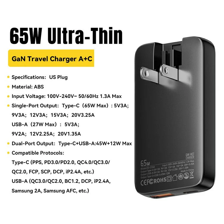 ESSAGER 65W Fast Charging Adapter USB A + Type C Dual Ports Ultra Slim GaN Travel Charger - US Plug - Image 2