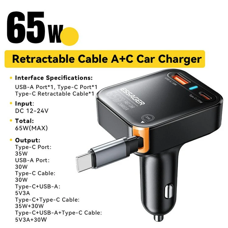 ESSAGER 65W Fast Charging USB A + Type C Car Charger with Retractable USB C Cable - Image 2