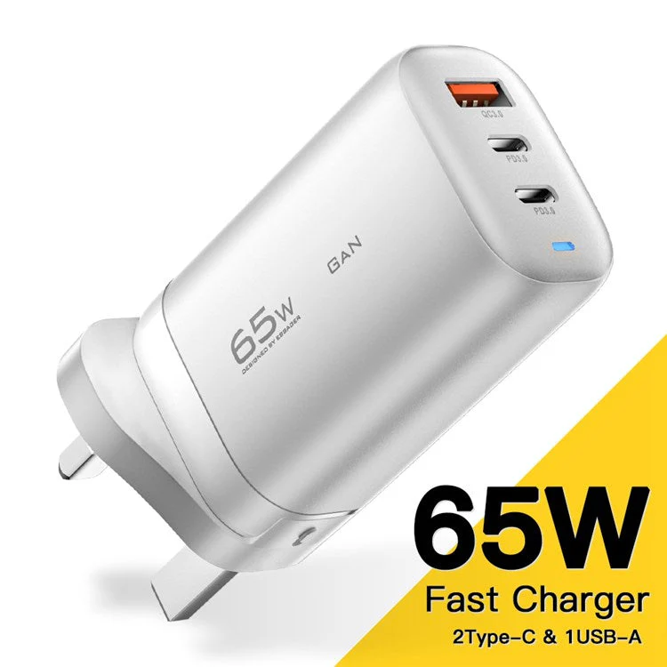 ESSAGER 65W GaN Travel Charging Dock 2 Type-C+1 USB UK Plug Wall Charger [with CE Certificate] - White - Image 2