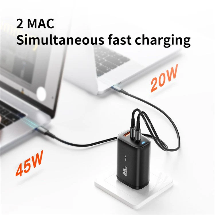 ESSAGER 65W GaN Travel Charging Dock USB-C+USB-A 3-Port US Plug Compact USB Wall Charger Power Adapter [with CE Certificate] - White - Image 3