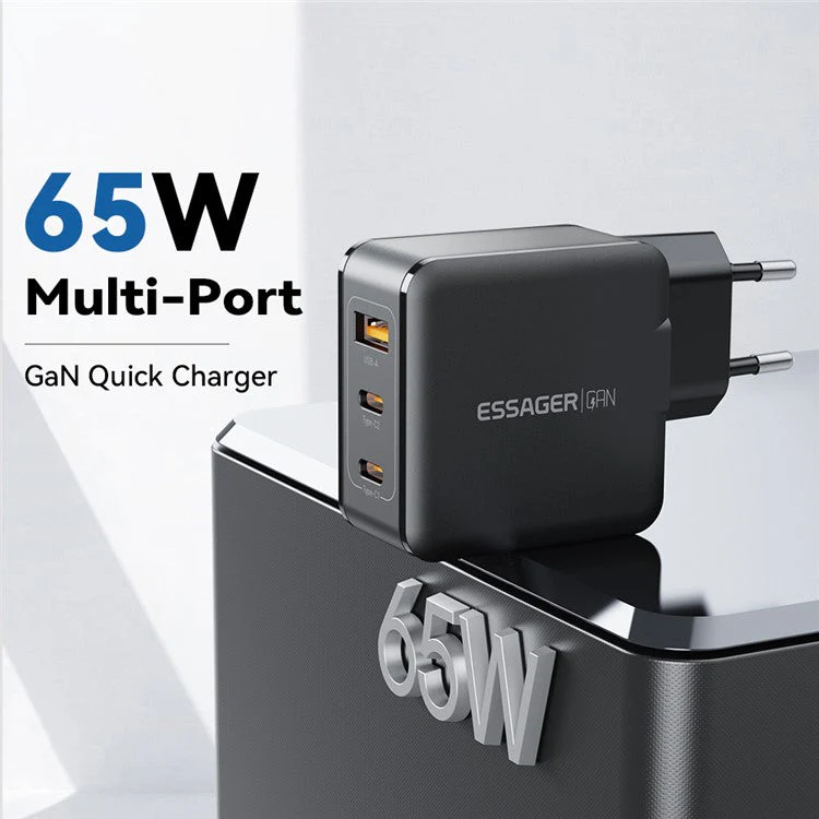 ESSAGER 65W Multi-Port GaN Quick Charger 2 USB-C+USB-A Portable Mini Wall Charger Adapter - EU Plug / Black - Image 3