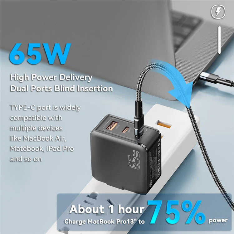 ESSAGER 65W Multi-Port GaN Quick Charger 2 USB-C+USB-A Portable Mini Wall Charger Adapter - US Plug / Black - Image 4