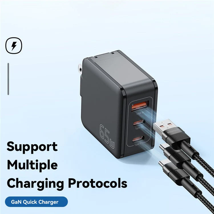 ESSAGER 65W Multi-Port GaN Quick Charger 2 USB-C+USB-A Portable Mini Wall Charger Adapter - US Plug / Black - Image 6