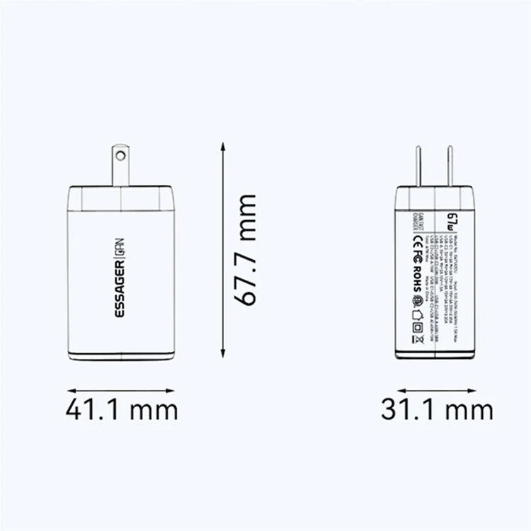 ESSAGER 67W High Power GaN Travel Adapter USB-A + 2 Type-C Portable Wall Charger - US Plug / White - Image 8
