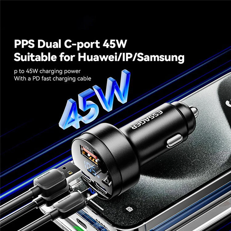 ESSAGER Aluminum Alloy 105W Phone Charger USB+Dual Type-C Car Charger - Tarnish - Image 3