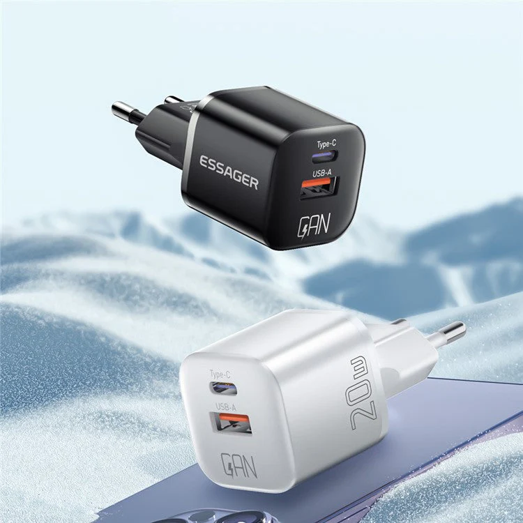 ESSAGER Curved Design 20W USB-A + Type-C GaN Wall Charger Phone Fast Charging Adapter - EU Plug / White - Image 8