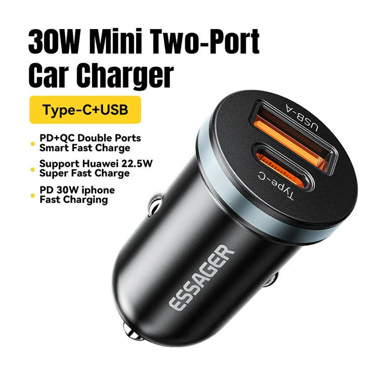 ESSAGER ES-CC12 PD 30W Double Ports Mini Car Charger Lightweight Cigarette Lighter Charger for 12-24V Vehicles - Image 2