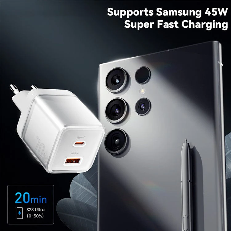 ESSAGER GaN 70W USB+Type-C Wall Charger Plug Charging Adapter - EU Plug / Blue - Image 4