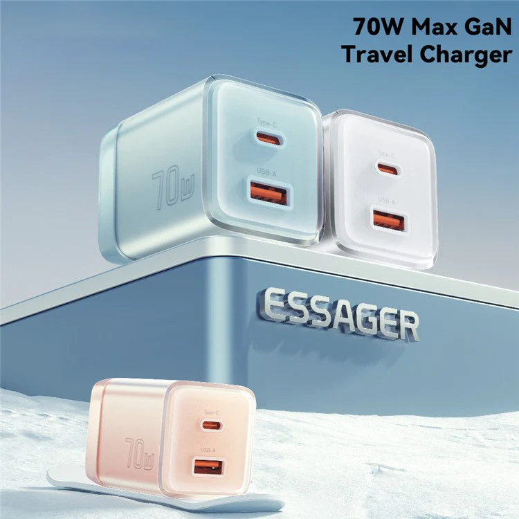 ESSAGER GaN 70W USB+Type-C Wall Charger Plug Charging Adapter - US Plug / Blue - Image 2