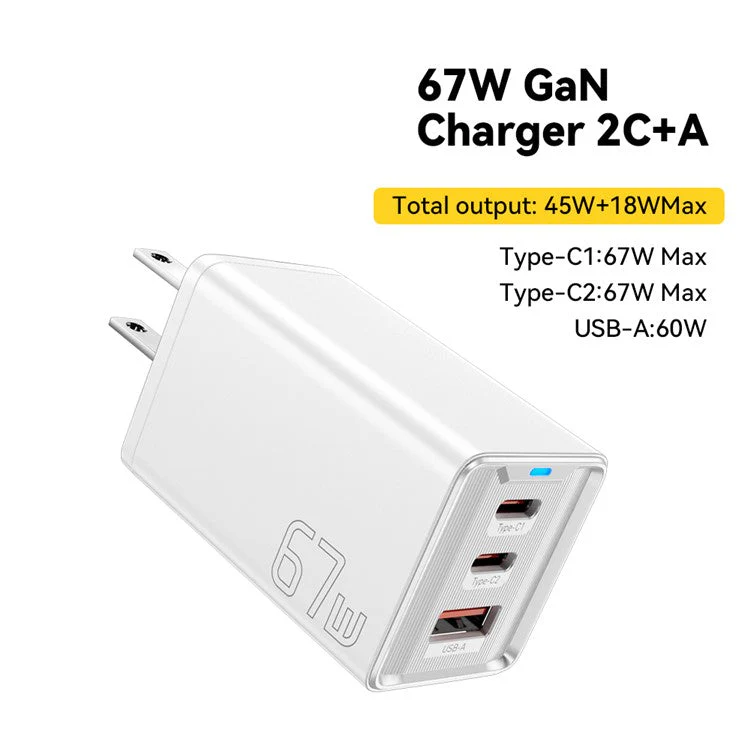 ESSAGER JT-G67TC2U1 67W GaN Travel Charger Adapter 2 Type-C+USB-A Wall Charger Block - White / US Plug - Image 2