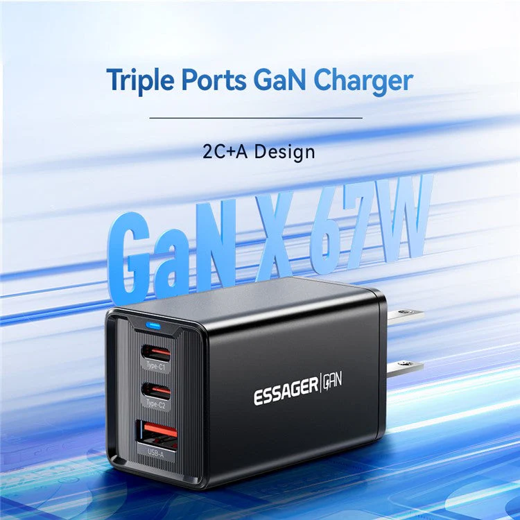 ESSAGER JT-G67TC2U1 67W GaN Travel Charger Adapter 2 Type-C+USB-A Wall Charger Block - White / US Plug - Image 3