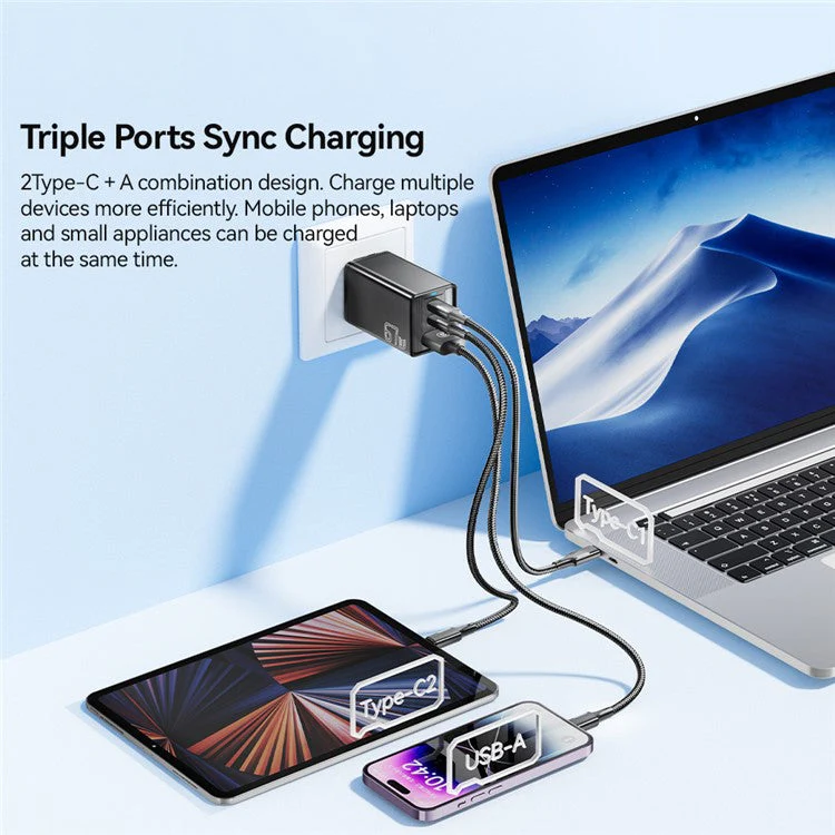 ESSAGER JT-G67TC2U1 67W GaN Travel Charger Adapter 2 Type-C+USB-A Wall Charger Block - White / US Plug - Image 4