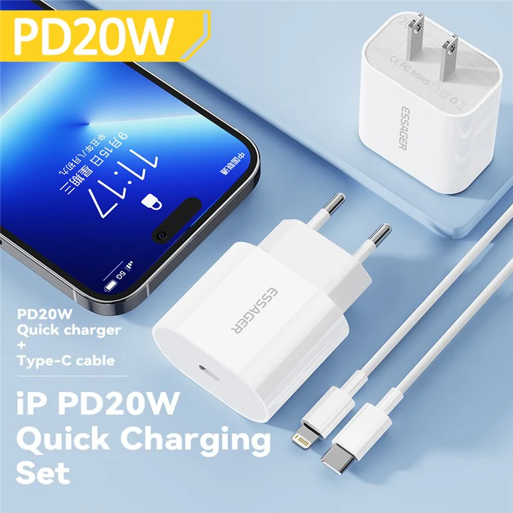 ESSAGER PD 20W Quick Charger Set with Type-C to Lightning Cable, Portable Wall Charger Adapter Block - EU Plug - Image 7
