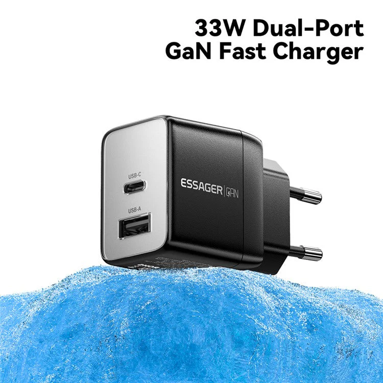 ESSAGER PD 33W Fast Charging Wall Charger USB-A + Type-C Travel GaN Adapter - KR Plug / Black - Image 2