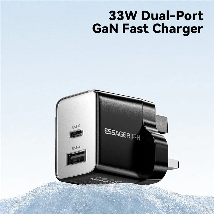 ESSAGER PD 33W Fast Charging Wall Charger USB-A + Type-C Travel GaN Adapter - UK Plug / Black - Image 2
