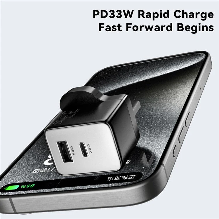 ESSAGER PD 33W Fast Charging Wall Charger USB-A + Type-C Travel GaN Adapter - UK Plug / Black - Image 4