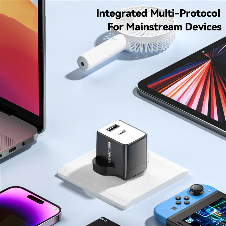 ESSAGER PD 33W Fast Charging Wall Charger USB-A + Type-C Travel GaN Adapter - UK Plug / Black - Image 6