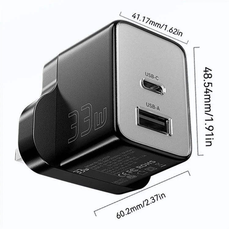 ESSAGER PD 33W Fast Charging Wall Charger USB-A + Type-C Travel GaN Adapter - UK Plug / Black - Image 8