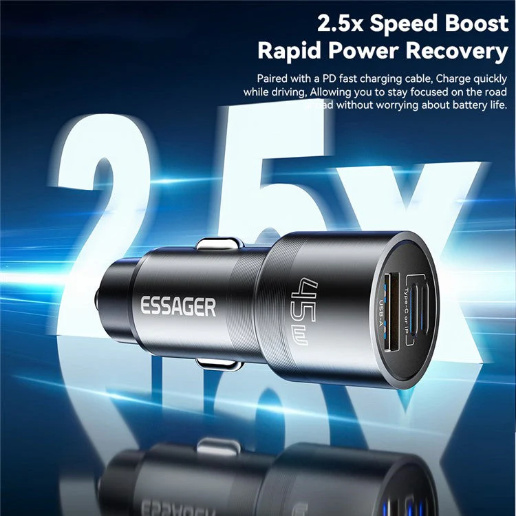 ESSAGER PD 45W Fast Charging Aluminum Alloy Type-C+Ip+USB-A 3-port Car Charger Adapter - Grey - Image 3