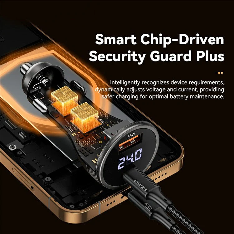 ESSAGER USB A + Type C Car Charger 100W Super Fast Charging Adapter with Digital Display - Tarnish Grey - Image 6