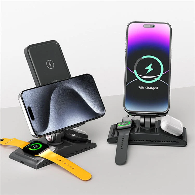 F2 3 in 1 Wireless Charging Station Foldable Magnetic Charger Stand for Phone / Earbuds / Watch - Pink - Image 5