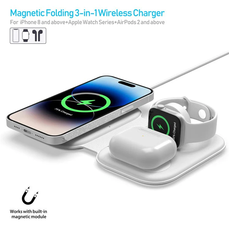 F20P For iPhone / Apple Watch / AirPods / Samsung Galaxy Buds Magnetic Folding 3-in-1 Wireless Charger Charging Pad (QI / CE Certified) - White - Image 2