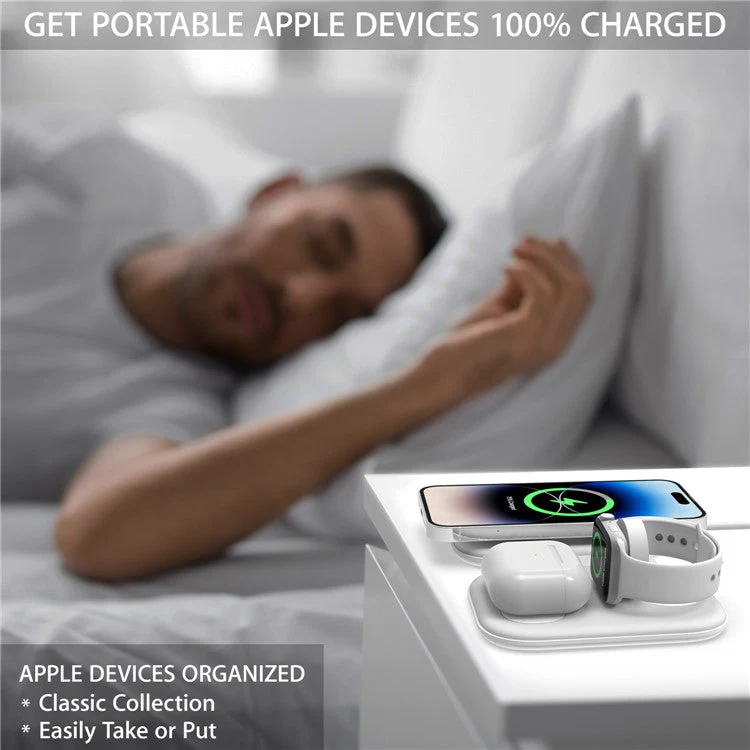 F20P For iPhone / Apple Watch / AirPods / Samsung Galaxy Buds Magnetic Folding 3-in-1 Wireless Charger Charging Pad (QI / CE Certified) - White - Image 7