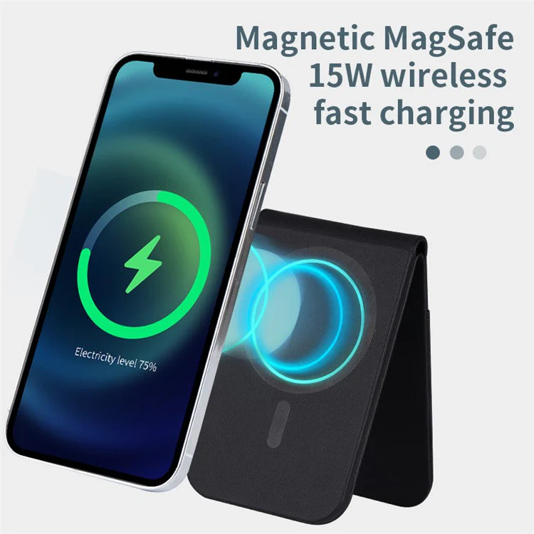 FLD-F5 3-in-1 Magnetic Wireless Charger Foldable Card Bag Mobile Phone Holder - Black - Image 8