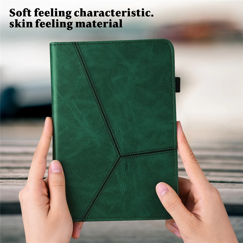 Flip Book Stand Cover for Lenovo Tab M9 , PU Leather Line Imprinted Tablet Case with Card Slots - Green - Image 6