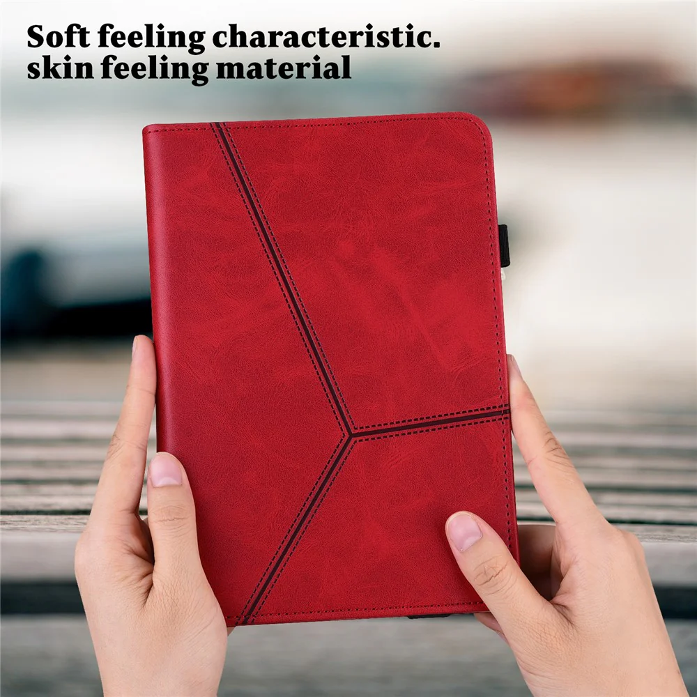 Flip Book Stand Cover for Lenovo Tab M9 , PU Leather Line Imprinted Tablet Case with Card Slots - Red - Image 6