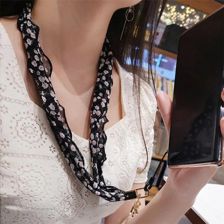 Floral Chiffon Silk Scarf Style Phone Lanyard Metal Pendant Key Ring Phone Neck Strap - Beige - Image 2