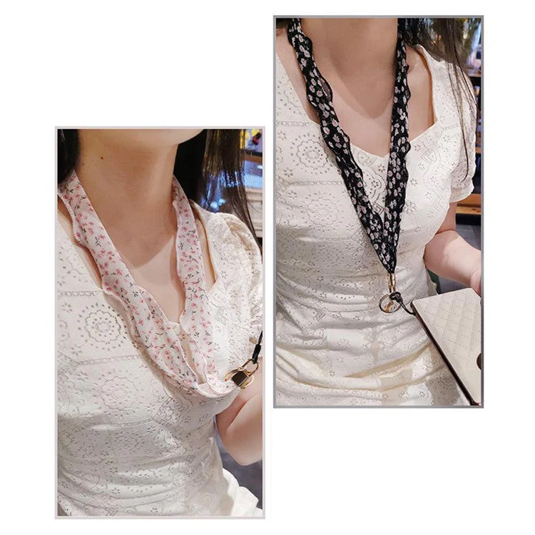 Floral Chiffon Silk Scarf Style Phone Lanyard Metal Pendant Key Ring Phone Neck Strap - Black - Image 3