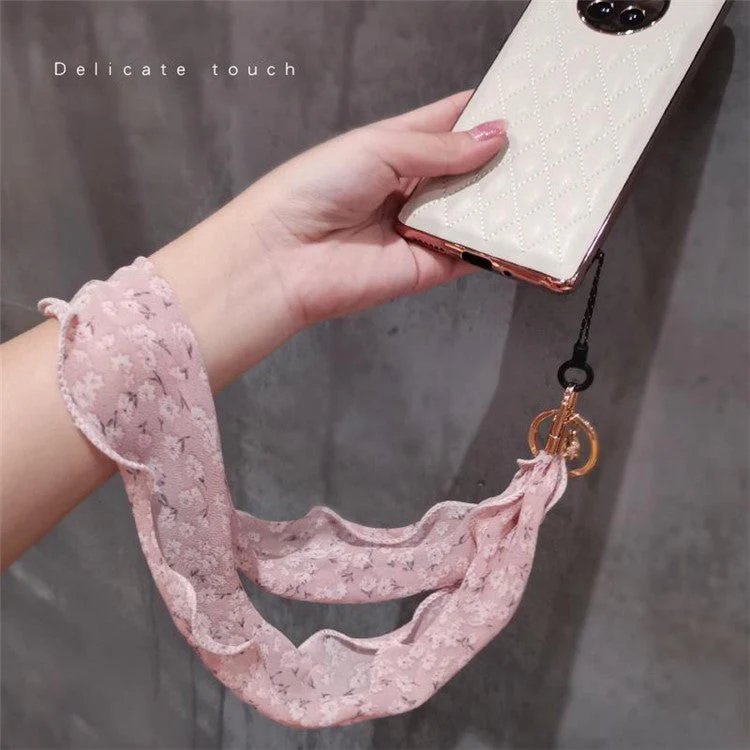 Floral Chiffon Silk Scarf Style Phone Lanyard Metal Pendant Key Ring Phone Neck Strap - Black - Image 4